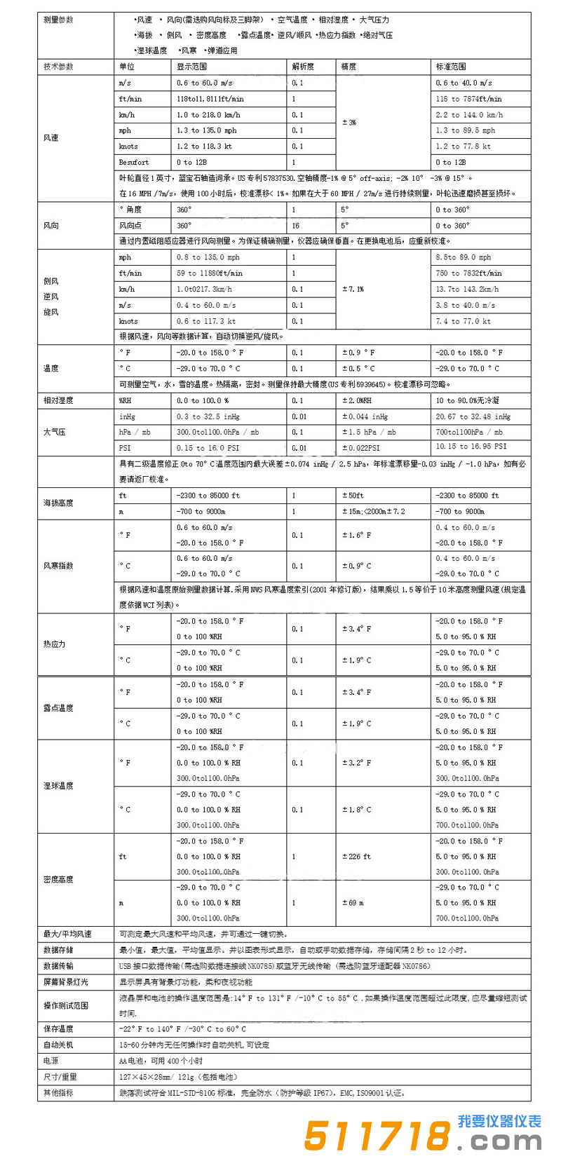 美国NK5700A(Kestrel 5700A)弹道应用精英气象仪技术参数.png